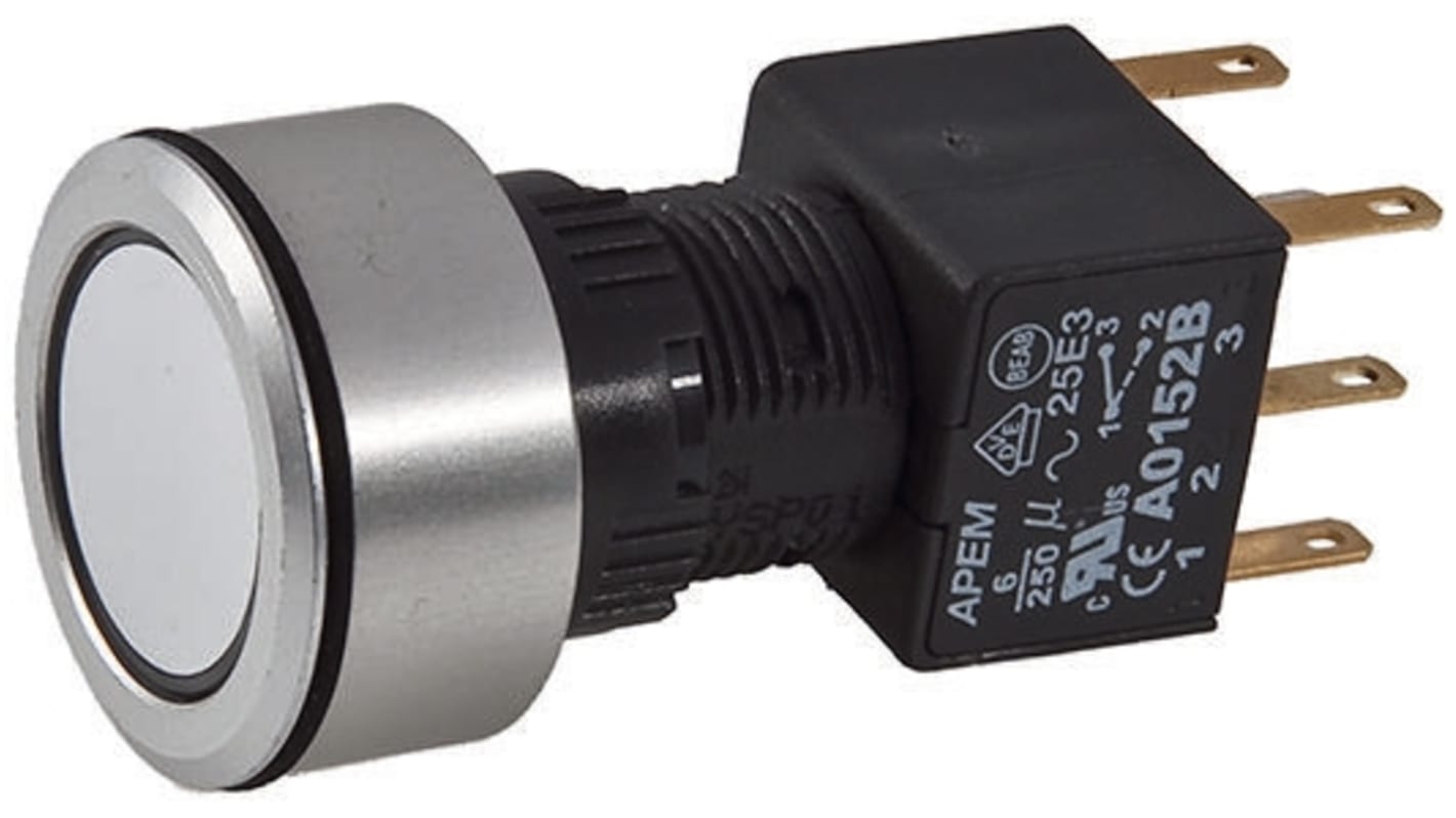Interruptor de Botón Pulsador APEM, color de botón Plata, DPDT, Enclavamiento, 6 A a 250 V ac, 250V ac, Montaje en
