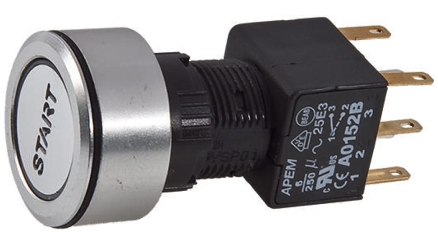 APEM Illuminated Push Button Switch, Latching, Panel Mount, 16mm Cutout, DPDT, Blue LED, 250V ac, IP65