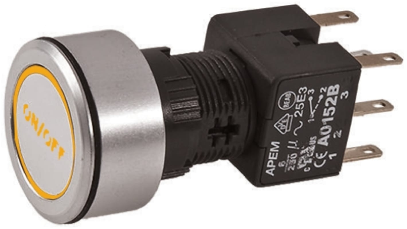 APEM Illuminated Push Button Switch, Latching, Panel Mount, 16mm Cutout, DPDT, Amber LED, 250V ac, IP65