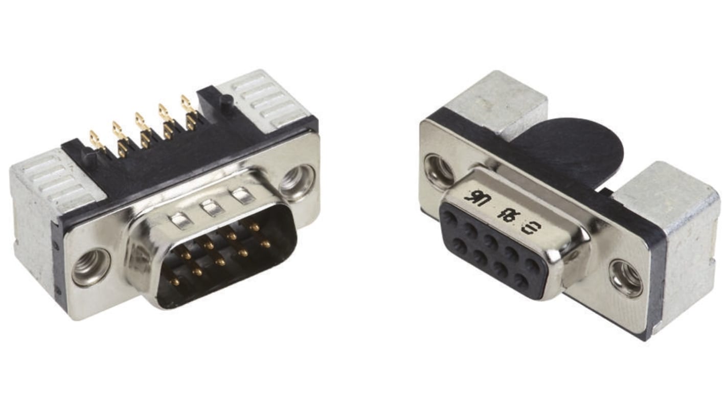 HARTING D-Sub Standard 9 Way Right Angle SMT D-sub Connector Plug, 2.76mm Pitch, with 4-40 UNC Threaded Inserts,