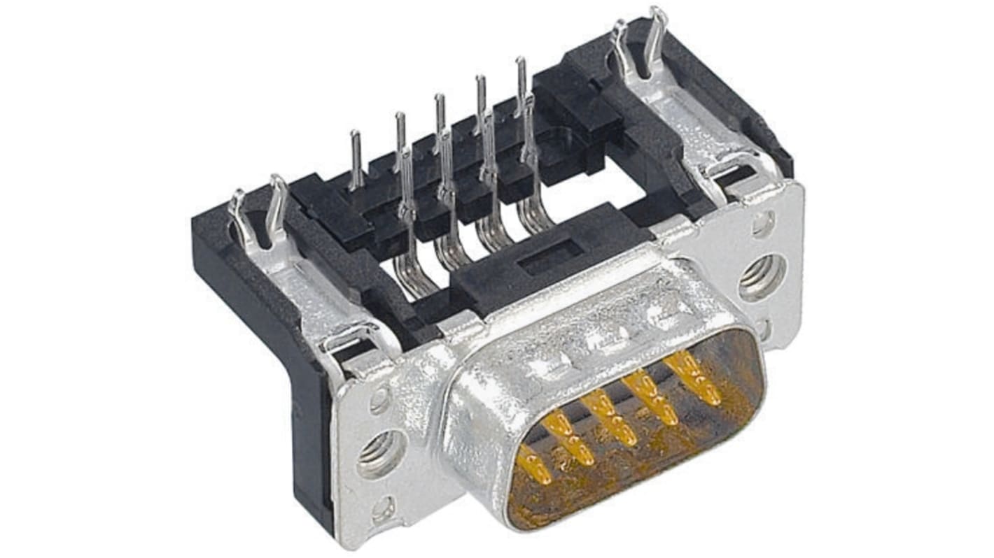 HARTING 15 Way Right Angle Through Hole D-sub Connector Plug, 2.74mm Pitch, with 4-40 UNC Threaded Inserts, Boardlocks