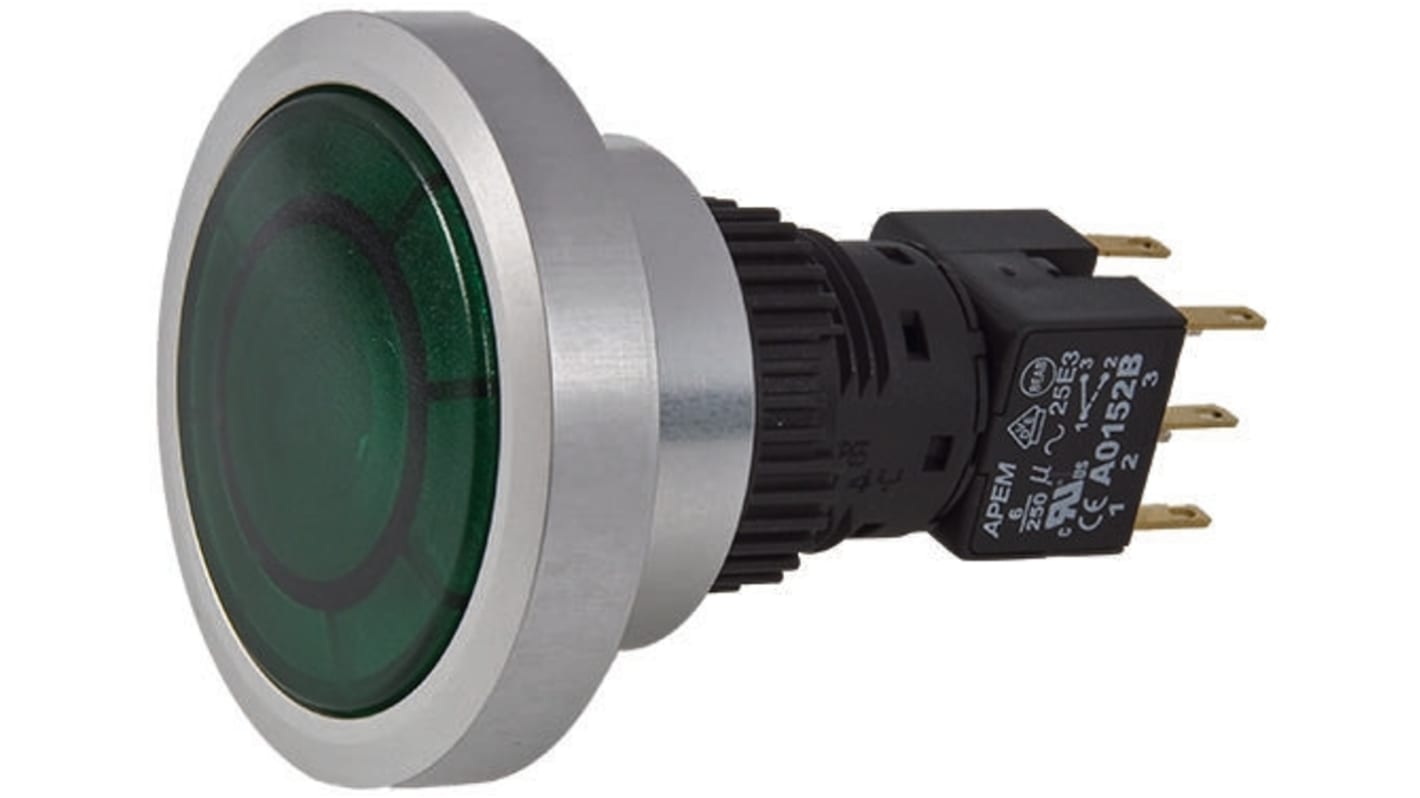 APEM Illuminated Push Button Switch, Momentary, Panel Mount, 30mm Cutout, DPDT, Green LED, IP65
