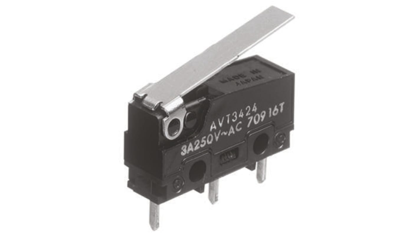 Mikrokapcsoló SP-CO, müködtető típusa: Zsanéros kar, 3 A 250 V AC esetén