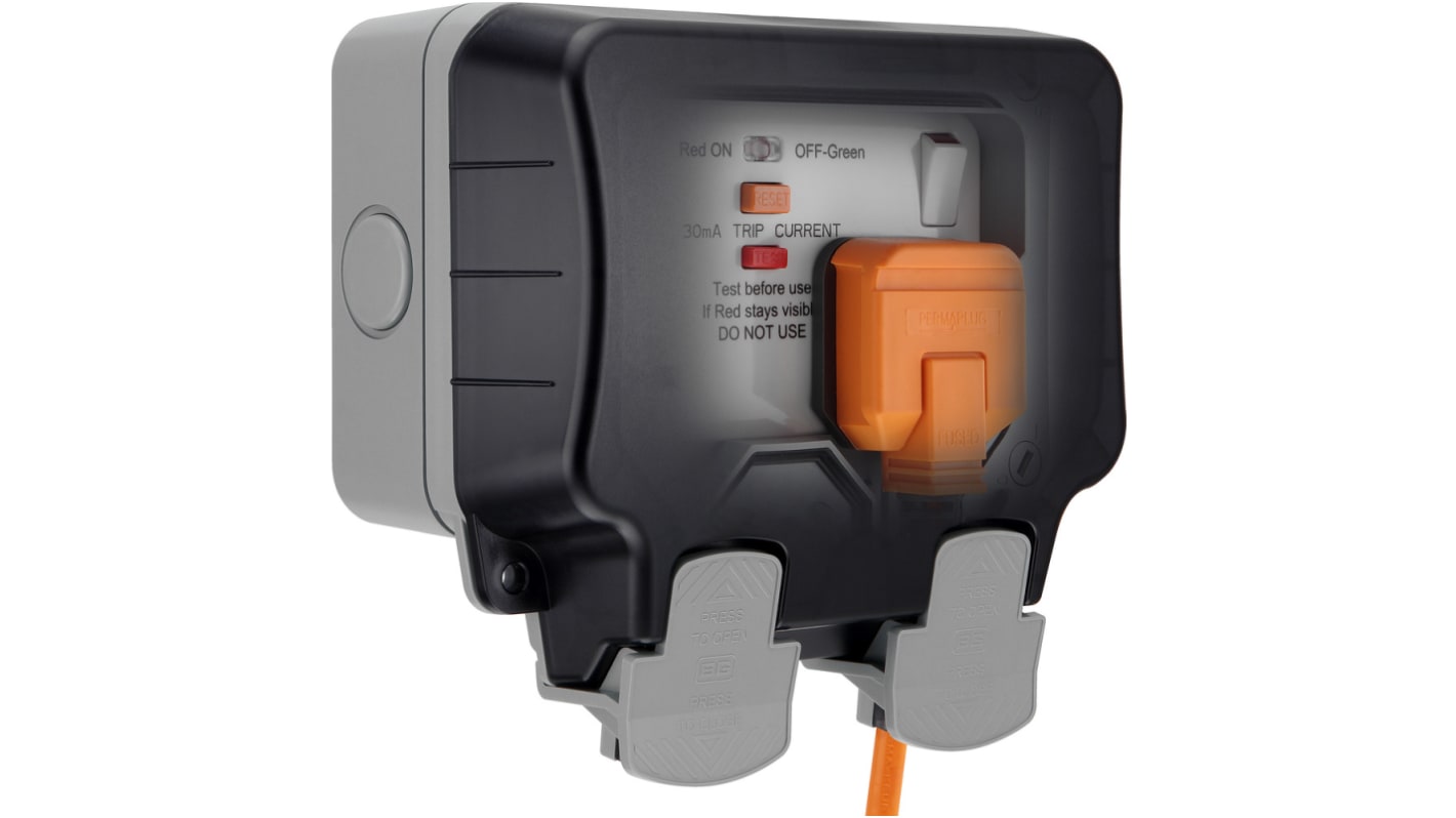 BG Electrical 13A, BS Fixing, Active, 2 Gang RCD Socket, Polycarbonate, Surface Mount , Switched, IP66, 230 V ac, Grey,