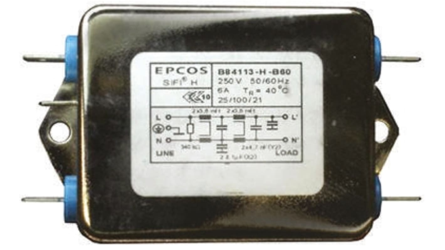 EPCOS 单相EMC滤波器, 10A, 250 V 交流/直流, 50 → 60Hz, 底盘安装, 插片接端, 二阶, B84113H系列