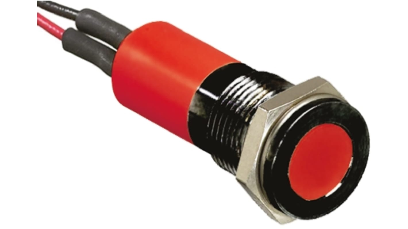 RS PRO Red Panel Mount Indicator, 12V dc, 14mm Mounting Hole Size, Lead Wires Termination, IP67