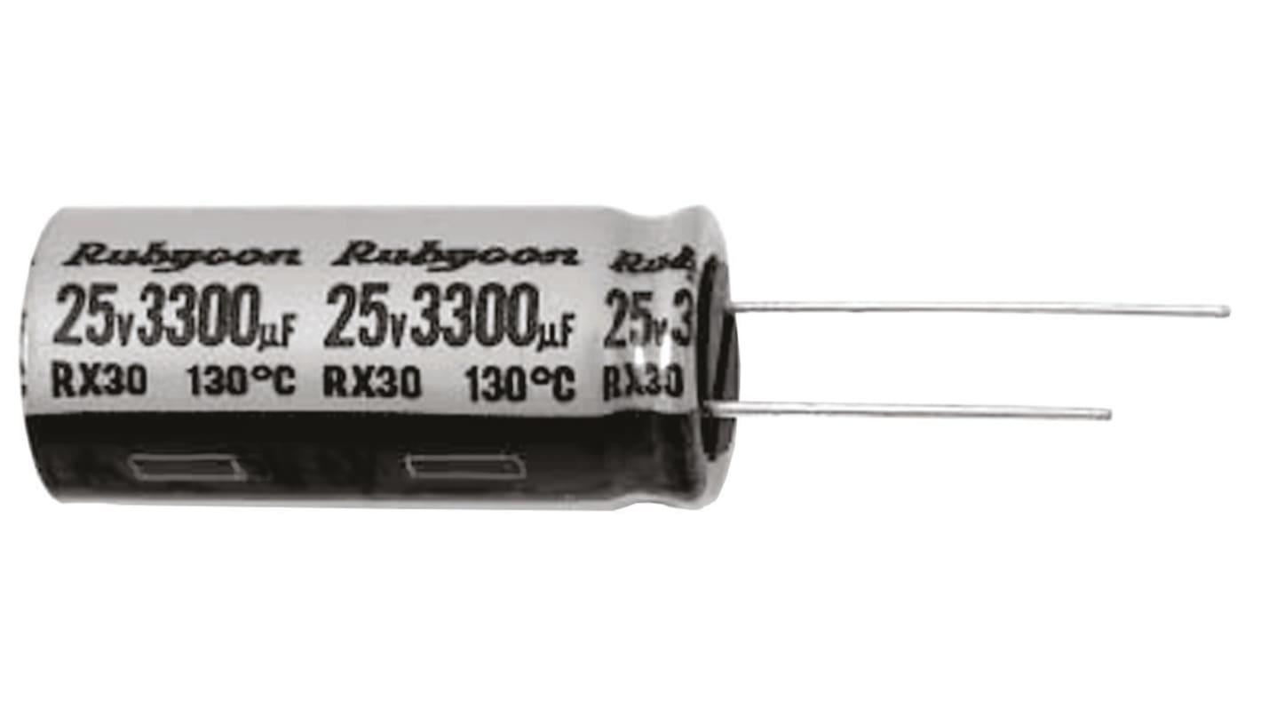 Condensador electrolítico Rubycon serie RX30, 470μF, ±20%, 50V dc, Radial, Orificio pasante, 12.5 (Dia.) x 25mm, paso