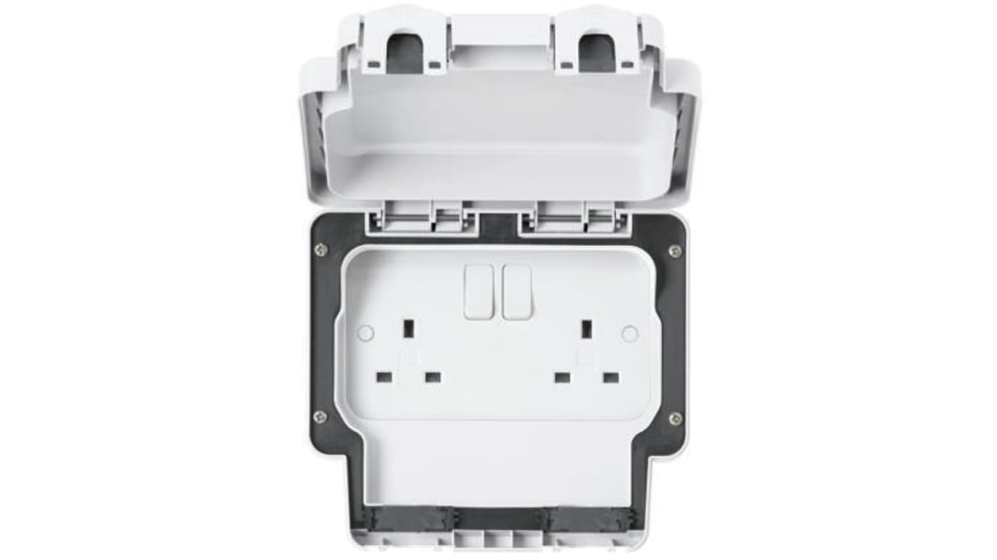 MK Electric White 2 Gang Plug Socket, 2 Poles, 13A, Type G - British, Outdoor Use