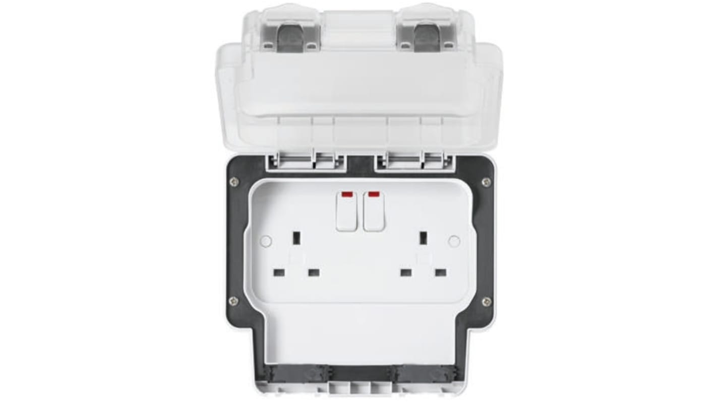 MK Electric White 2 Gang Plug Socket, 2 Poles, 13A, Type G - British, Outdoor Use
