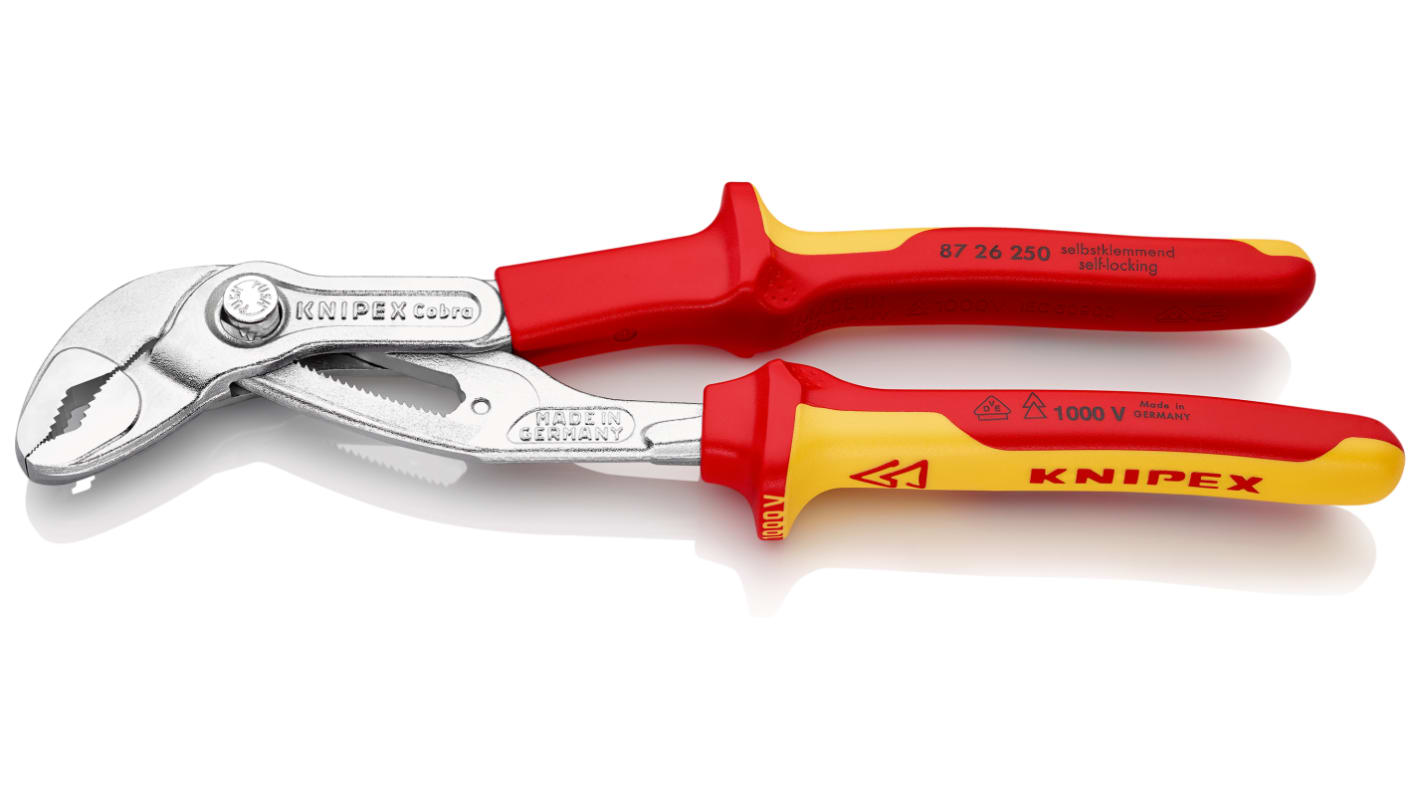 Knipex Cobra® Water Pump Pliers, 250 mm Overall, Flat, Straight Tip, VDE/1000V, 46mm Jaw