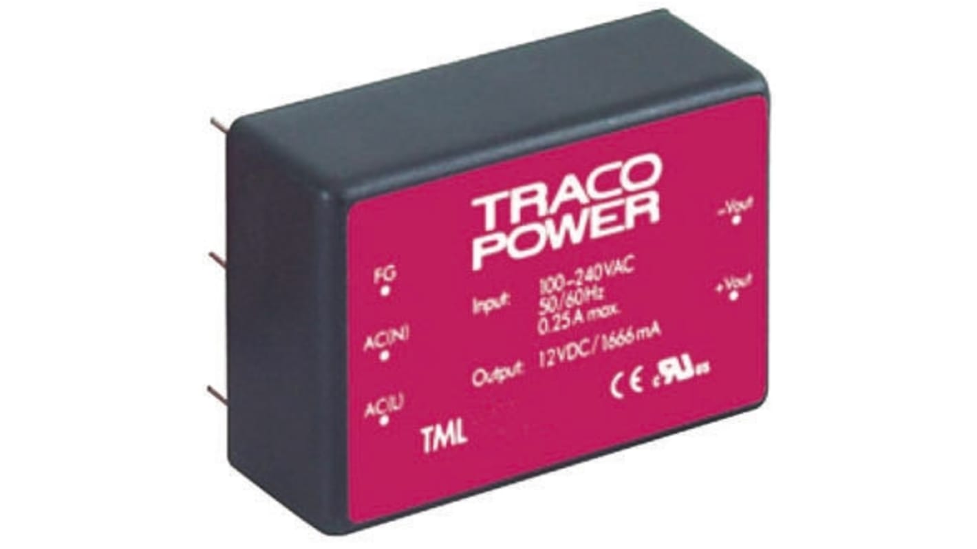 TRACOPOWER Switching Power Supply, TML 40115, 15V dc, 2.666A, 40W, 1 Output, 100 → 375 V dc, 90 → 264 V