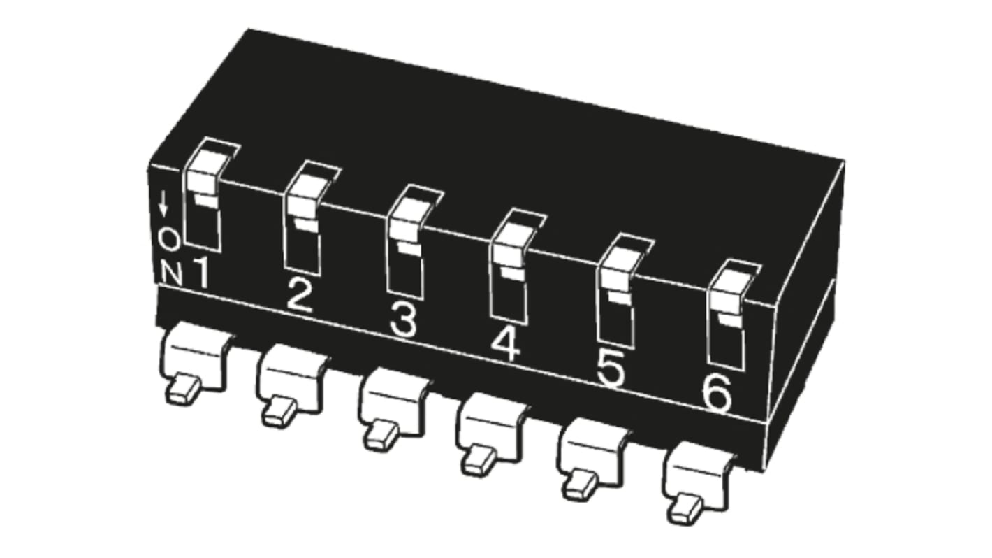 Omron PCB-Montage DIP-Schalter Hebel 6-stellig 1-poliger Ein-/Ausschalter, Kontakte vergoldet 25 mA @ 24 V dc, bis +70°C