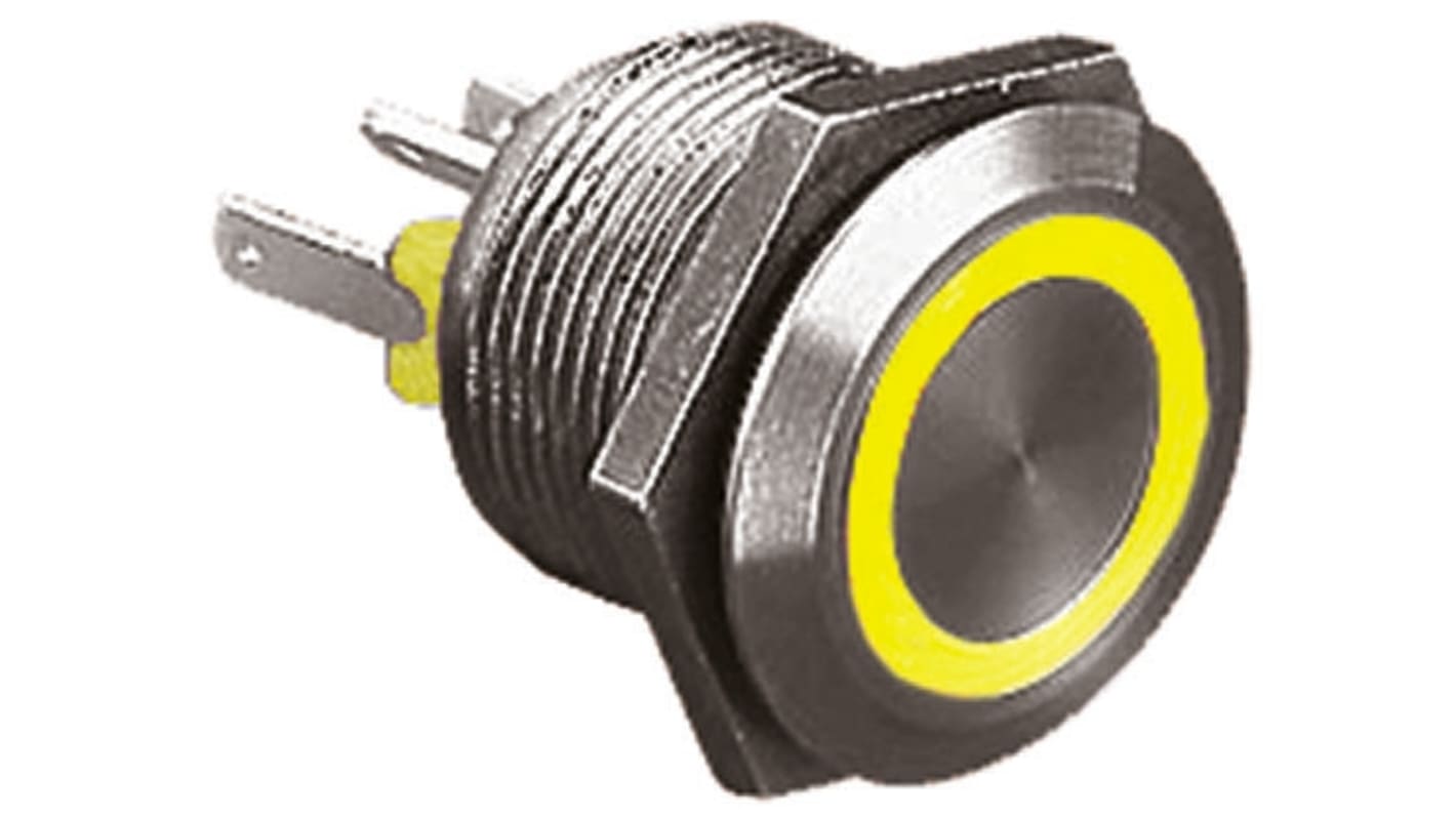 Bulgin MPI002 Series Illuminated Push Button Switch, Momentary, Panel Mount, 19.2mm Cutout, SPST, Amber LED, 24V dc,