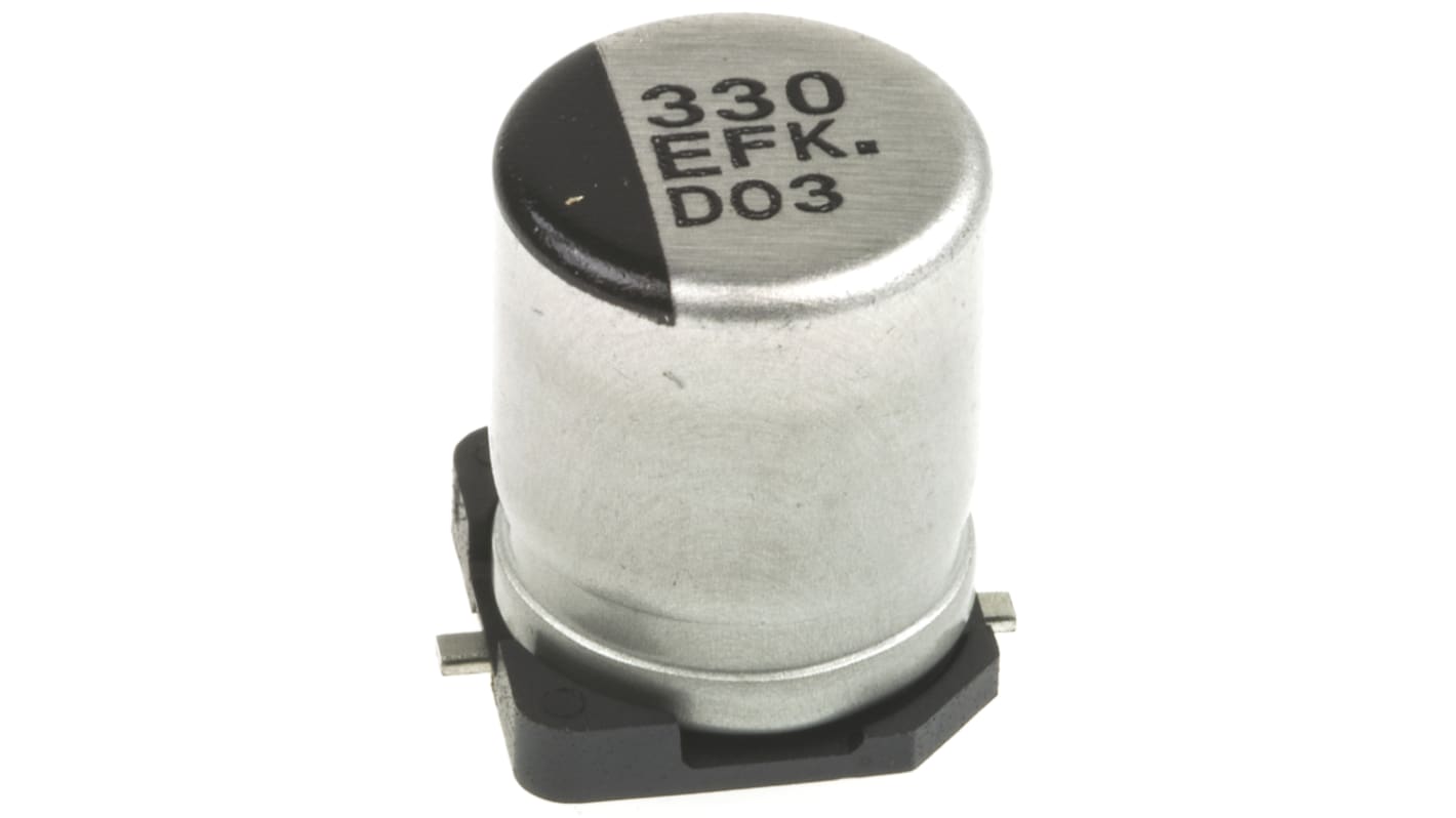 Condensatore elettrolitico Panasonic, serie FK, 330μF, 25V cc, ±20%, +105°C, SMD