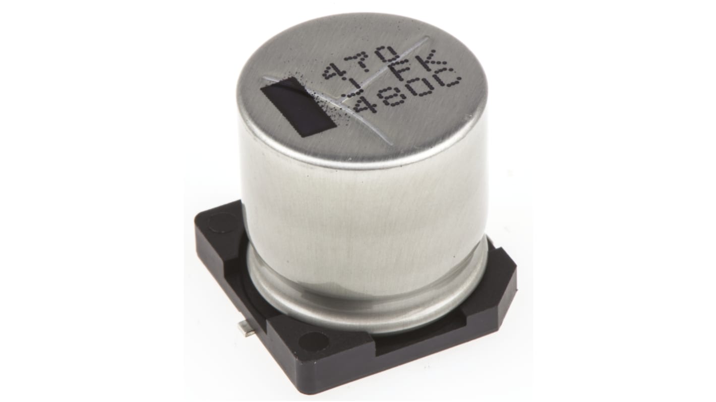Panasonic FK, SMD Aluminium-Elektrolyt  Alu Kondensator, Elko 470μF ±20% / 63V dc, Ø 16mm x 16.5mm x 16.5mm, bis 105°C