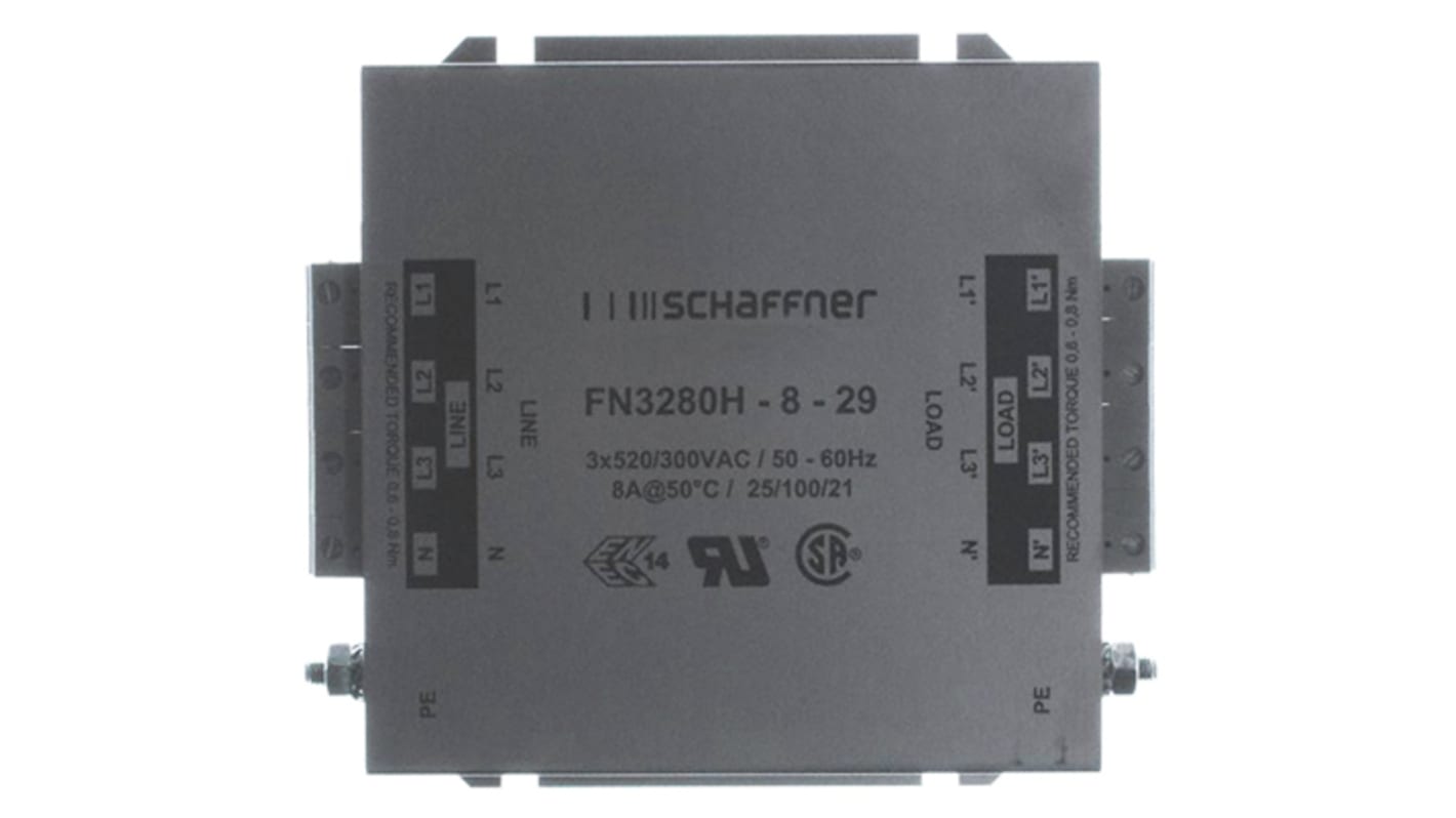 Schaffner 三相EMI滤波器, 8A, 520/300 V 交流, 60Hz, 底盘安装, 端子排接端, FN3280系列