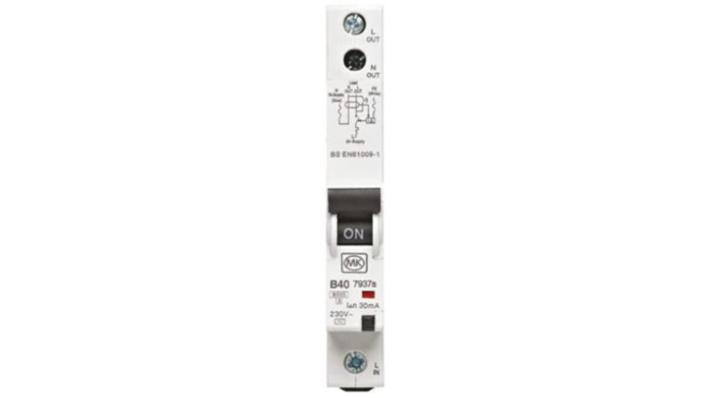 MK Electric RCBO, 40A Current Rating, 1P Poles, Type B