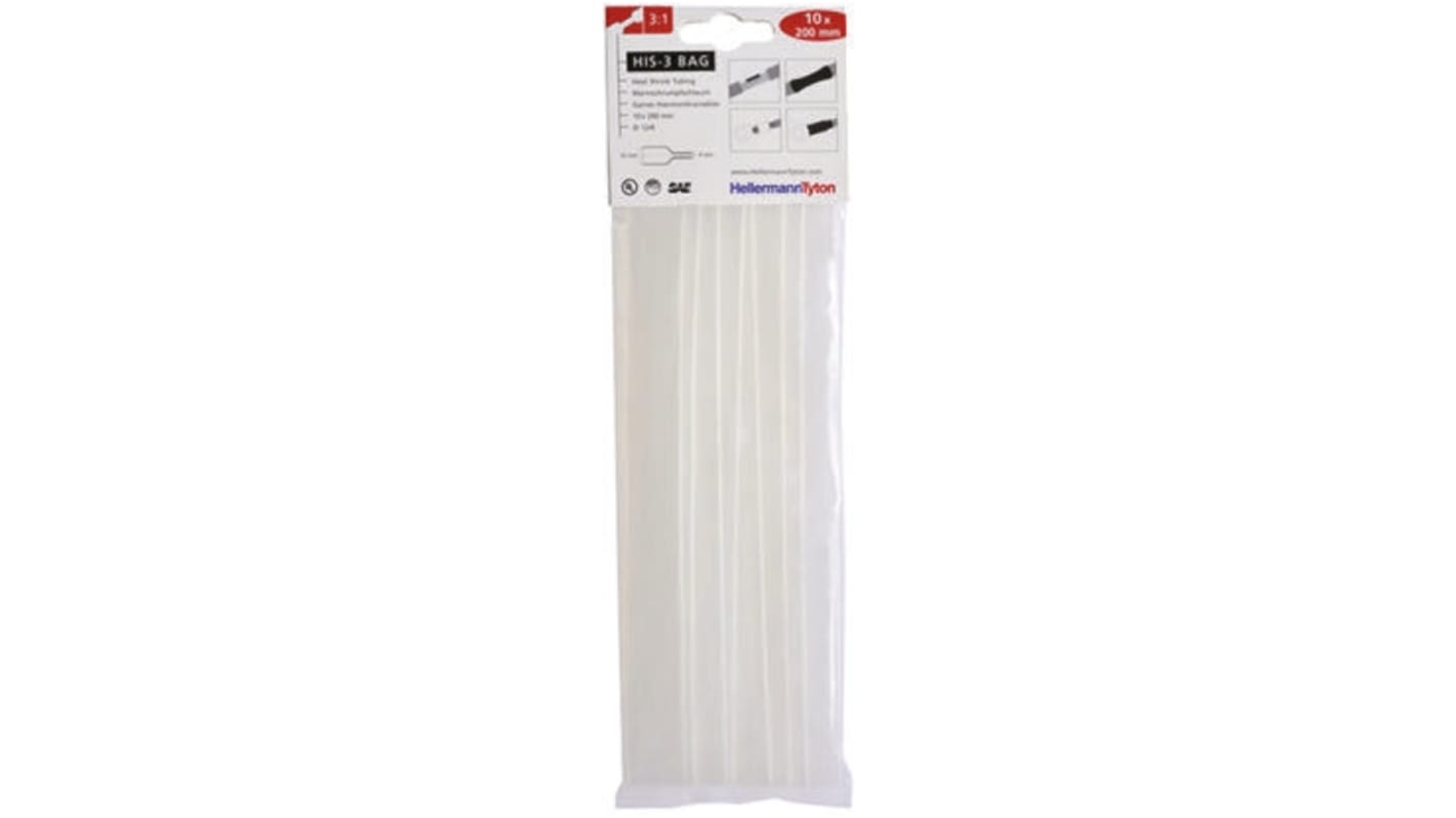 HellermannTyton Heat Shrink Tubing, Clear 12mm Sleeve Dia. x 200mm Length 3:1 Ratio, HIS-3 BAG Series