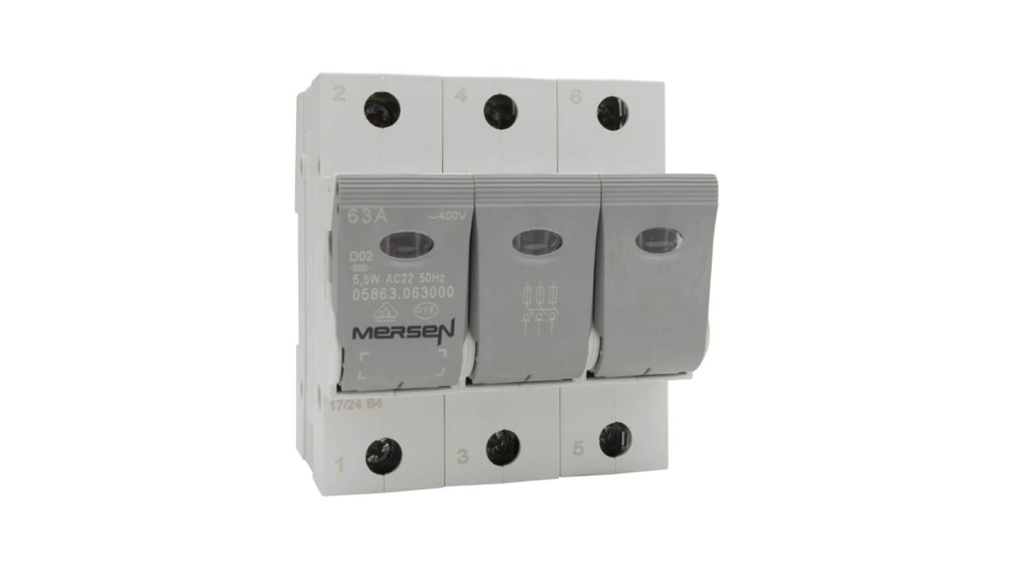 Mersen 63A Bottle Fuse Holder, 3P, 400V ac