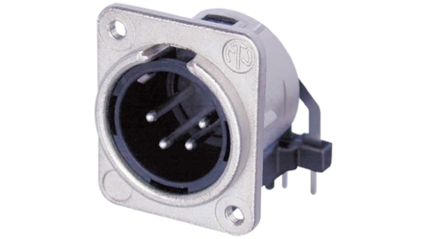 Neutrik Panel Mount XLR Connector, Right Angle, Male, 50 V, 4 Way, Silver over Nickel Plating
