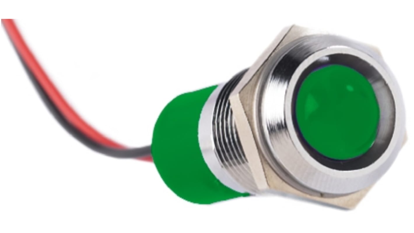 RS PRO Green Panel Mount Indicator, 12V dc, 14mm Mounting Hole Size, Lead Wires Termination, IP67