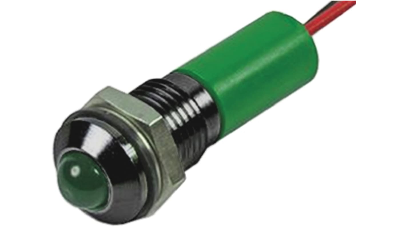 RS PRO Green Panel Mount Indicator, 2V dc, 8mm Mounting Hole Size, Lead Wires Termination, IP67