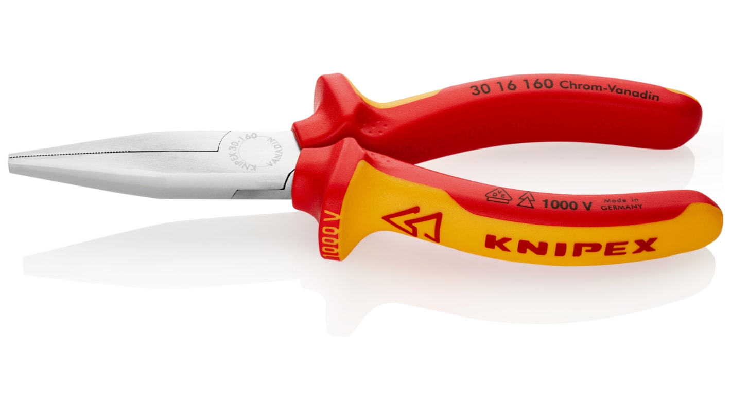 Knipex Flat Nose Pliers, 160 mm Overall, Flat, Straight Tip, VDE/1000V, 47mm Jaw