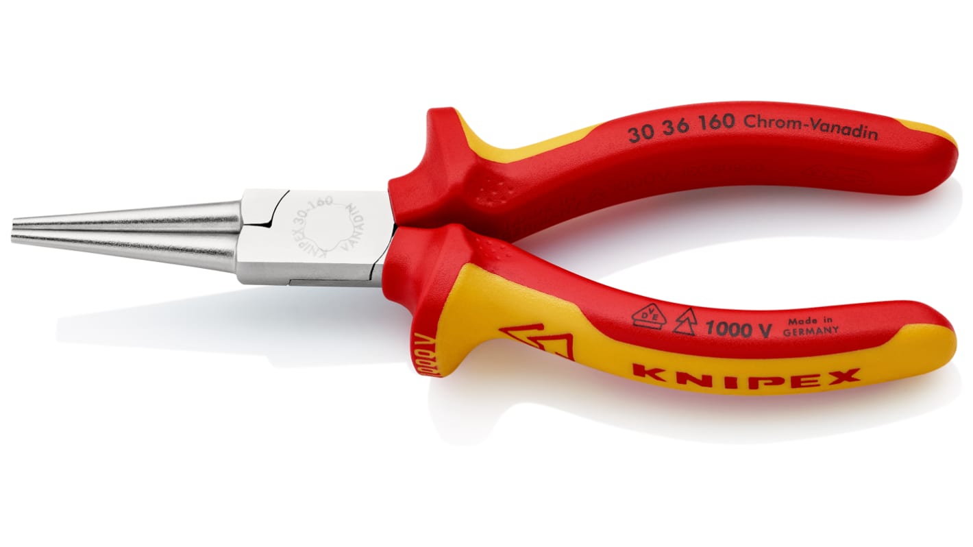 Knipex Round Nose Pliers, 160 mm Overall, Straight Tip, VDE/1000V, 41mm Jaw