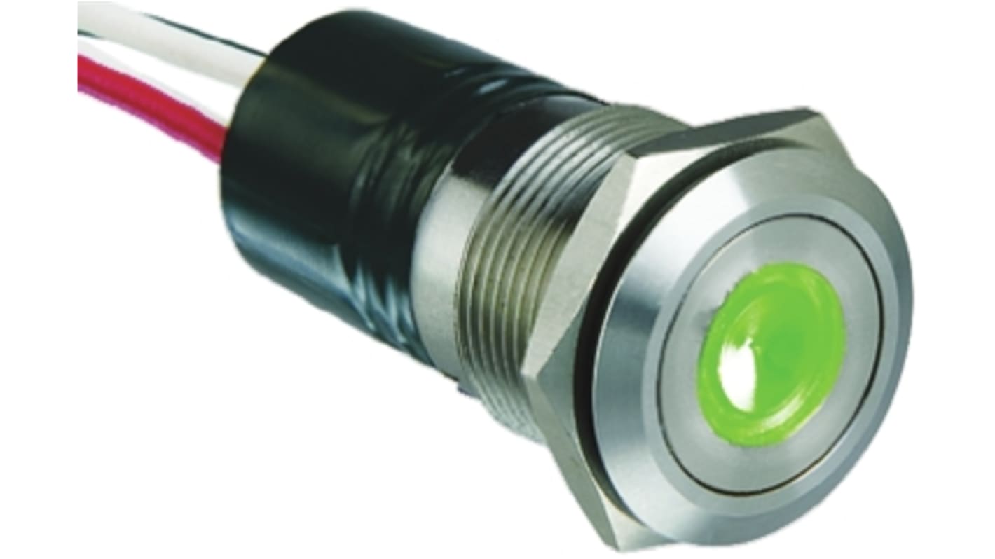 Bulgin MPI001 Series Illuminated Push Button Switch, Momentary, Panel Mount, 19.2mm Cutout, SPST, Green LED, 24V dc,