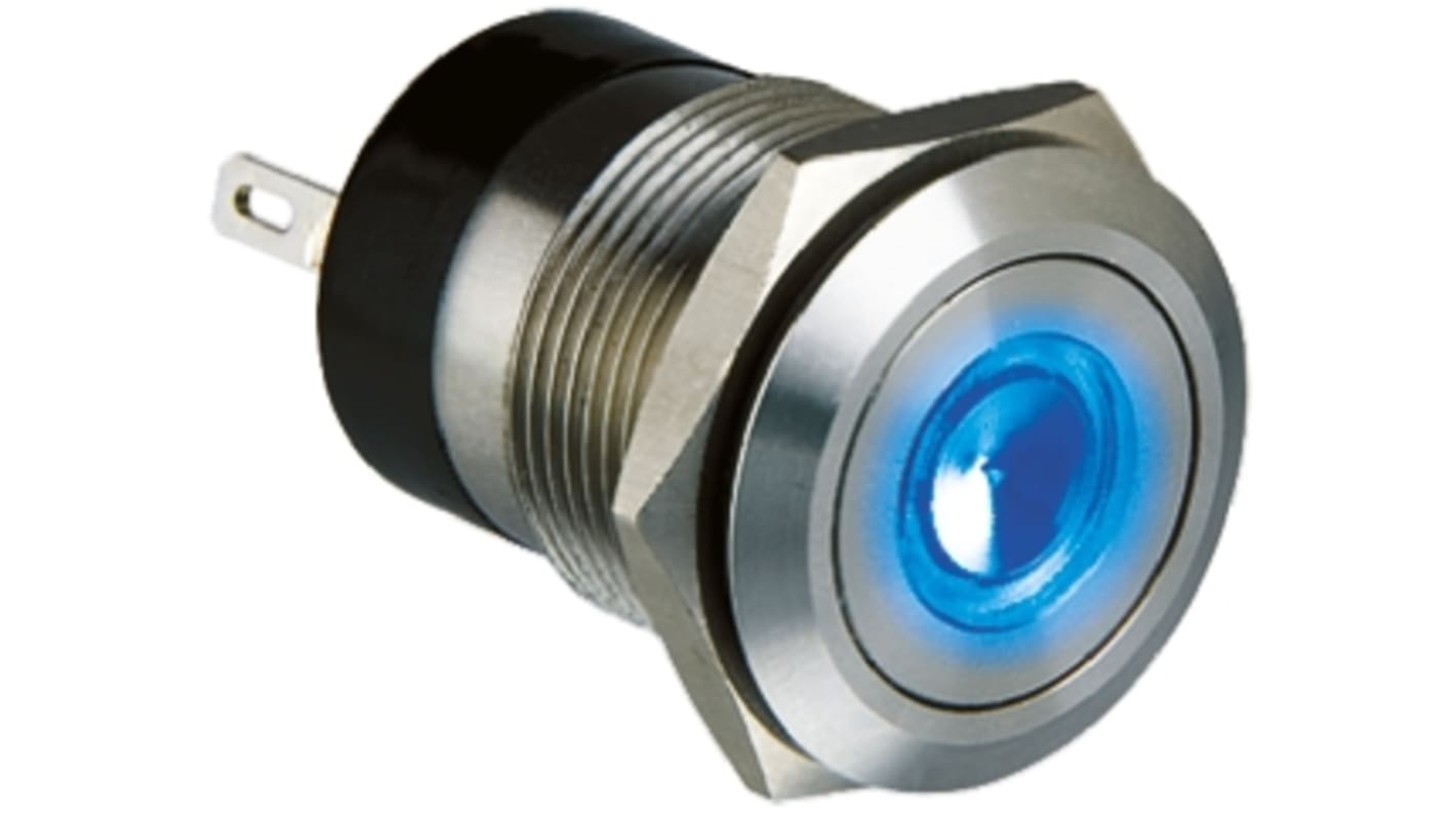 Bulgin MPI001 Series Illuminated Push Button Switch, Momentary, Panel Mount, 19.2mm Cutout, SPST, Blue LED, 24V dc, IP66