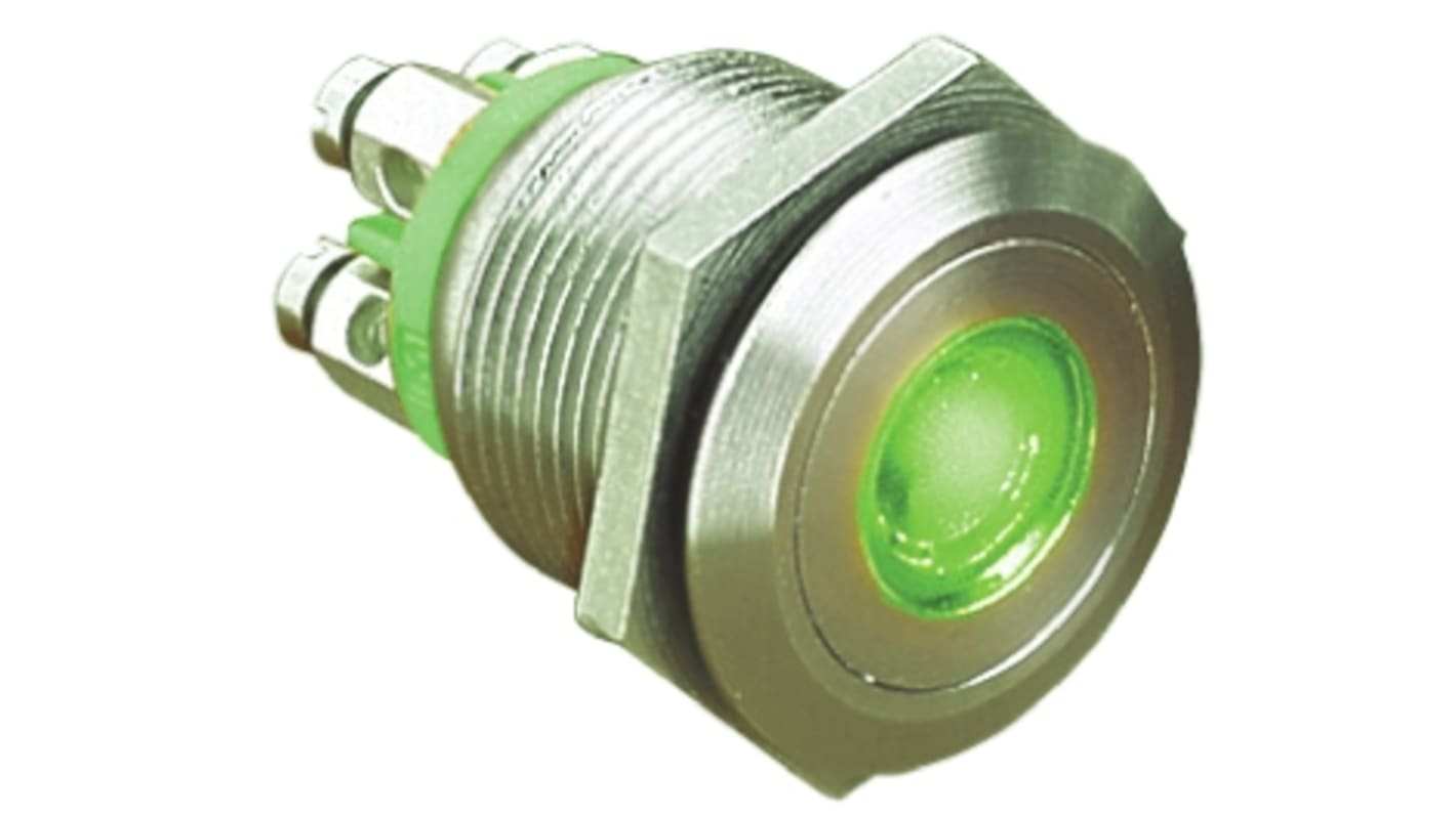 Bulgin MPI001 Series Illuminated Push Button Switch, Momentary, Panel Mount, 19.2mm Cutout, SPST, Green LED, 24V dc,