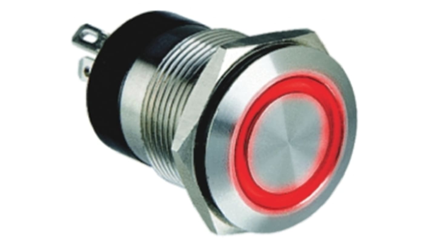Bulgin MPI002 Series Illuminated Push Button Switch, Momentary, Panel Mount, 19.2mm Cutout, SPST, Red LED, 24V dc, IP66
