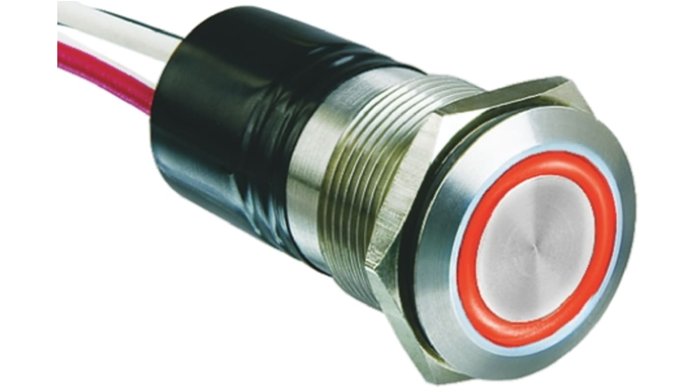 Bulgin MPI002 Series Illuminated Push Button Switch, Momentary, Panel Mount, 19.2mm Cutout, SPST, Red LED, IP66