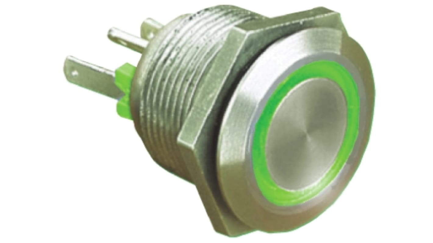 Bulgin MPI002 Series Illuminated Push Button Switch, Momentary, Panel Mount, 19.2mm Cutout, SPST, Green LED, 24V dc,