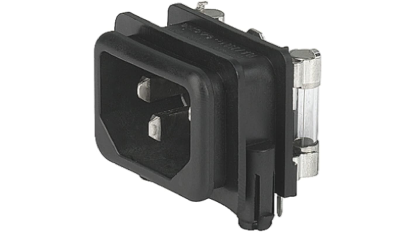 Schurter C14 Right Angle Panel Mount IEC Connector Male, 10A, 250 V, Fuse Size 5 x 20mm