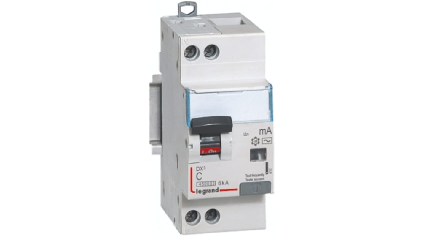 Legrand RCD Switch, 20A Current Rating, 1P+N Poles, 30mA Trip Sensitivity, Type C, DX Range