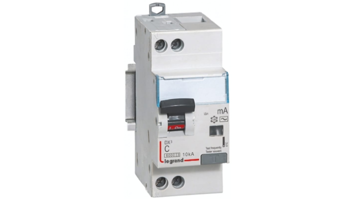 Legrand RCD Switch, 6A Current Rating, 1P+N Poles, 30mA Trip Sensitivity, Type C, DX Range