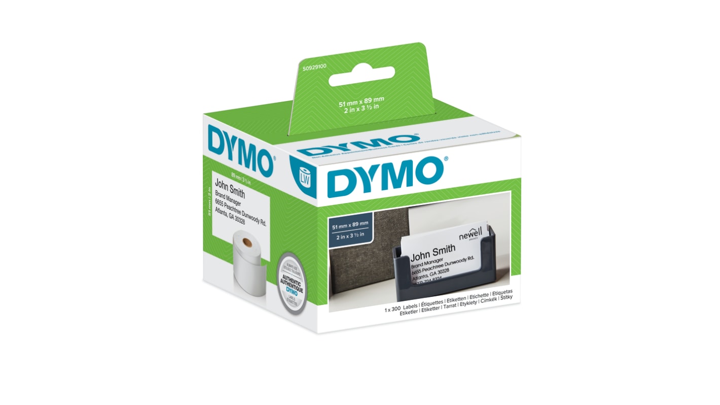 Etiqueta y cinta para impresora de etiquetas Dymo, color Negro sobre fondo Blanco de 89 x 51mm, 300 Per Roll, para usar