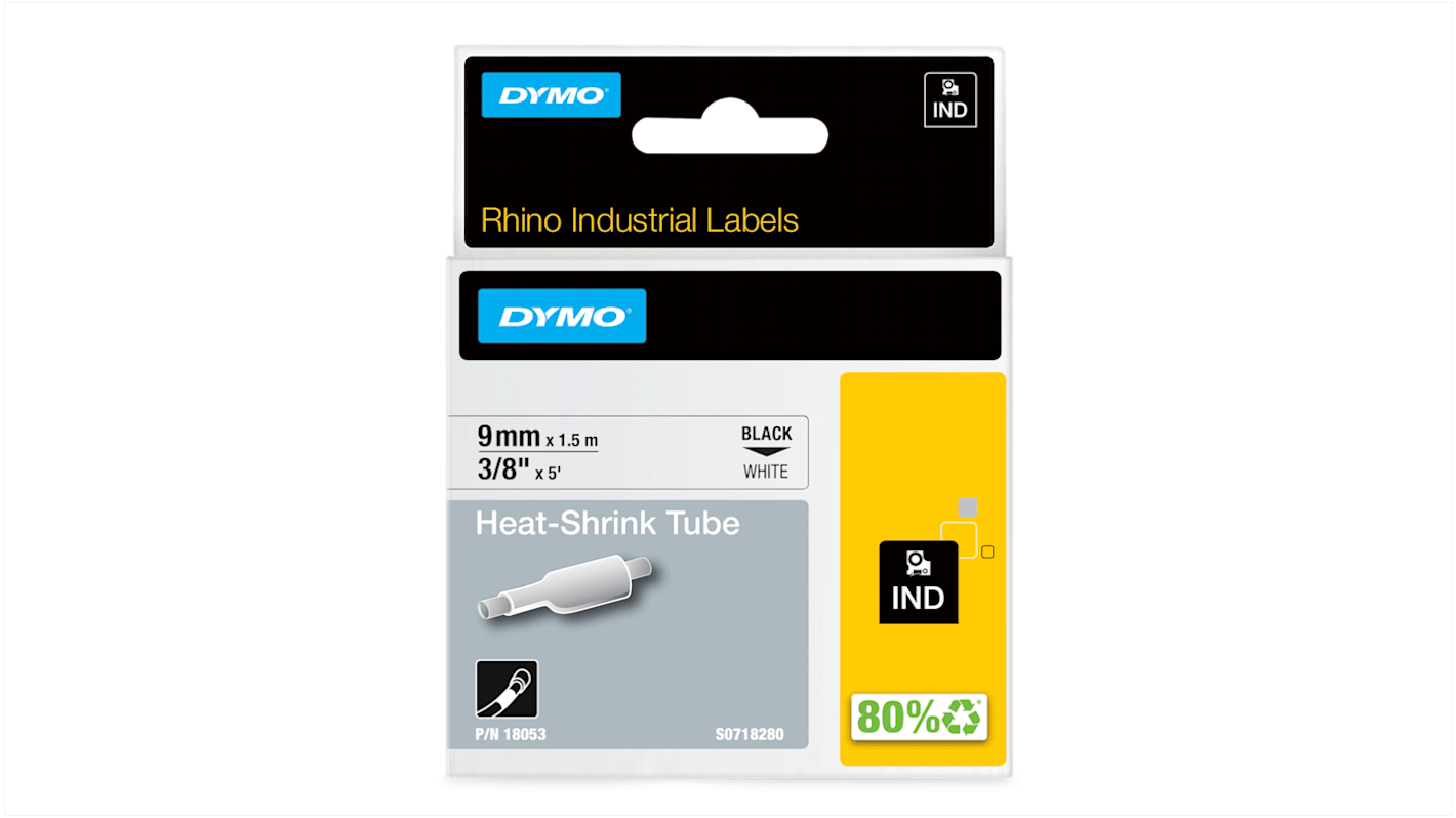 Dymo Heat Shrink Tubing, White 9mm Sleeve Dia. x 1.5m Length 3:1 Ratio