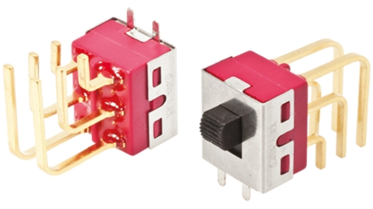 Commutateur à glissière, DPDT, Verrouillable, 400 mA @ 20 V, montage Circuit imprimé