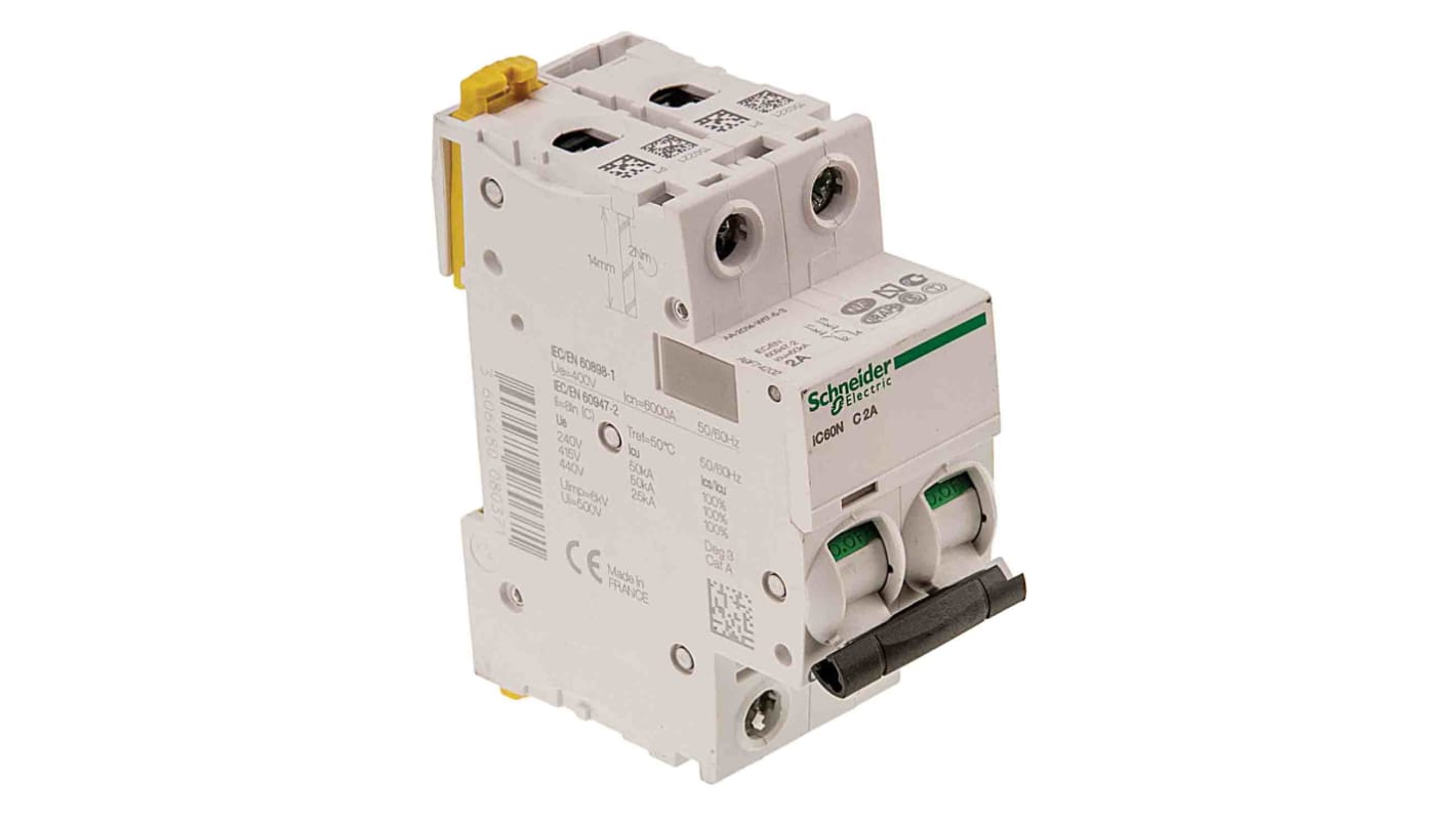 Disjoncteur Schneider Electric iC60N 2P, 2A, pouvoir de coupure 6 kA, montage rail DIN