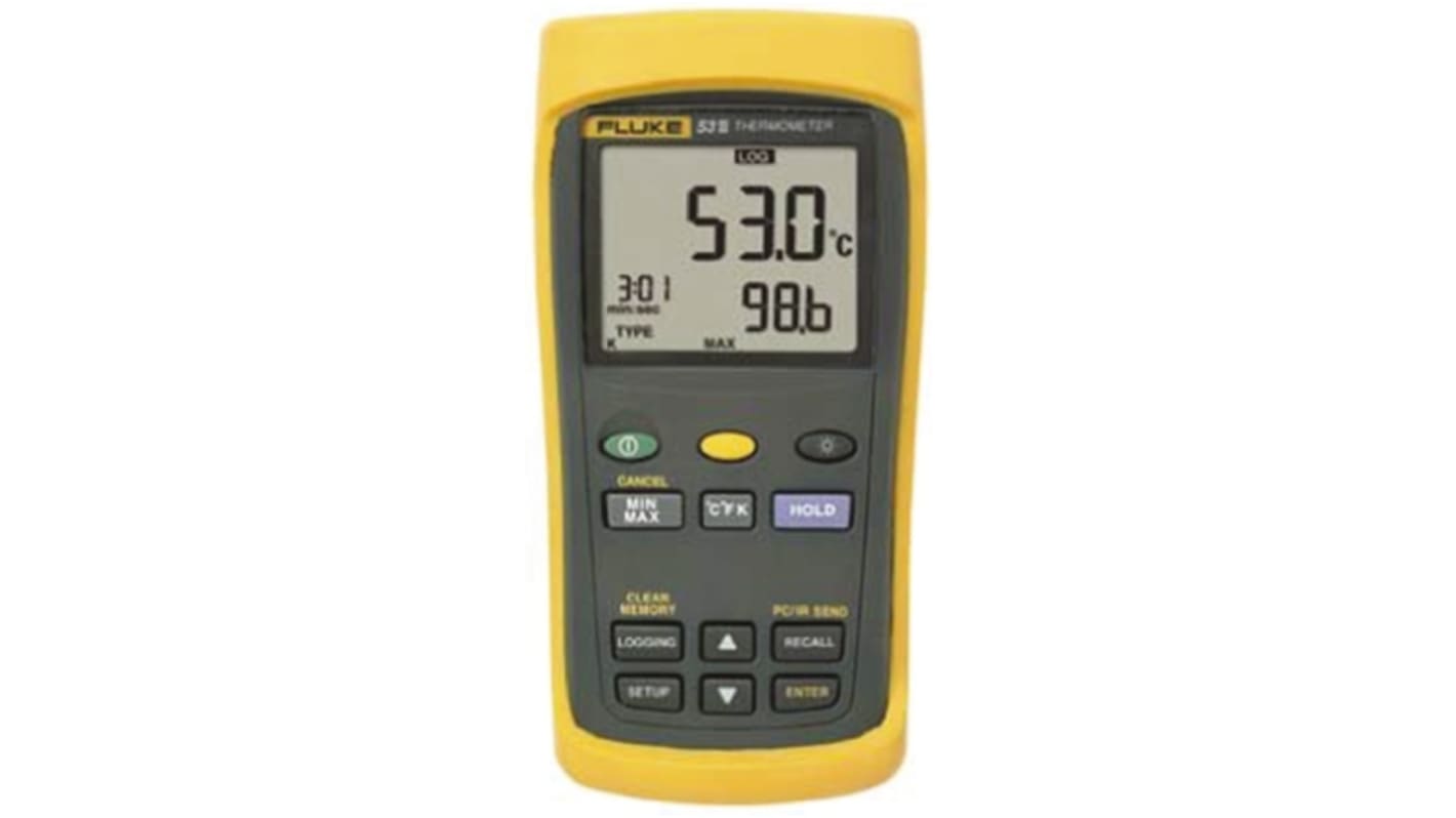 Fluke 53 II Wired Digital Thermometer for Industrial Use, E, J, K, N, R, S, T Probe, 1 Input(s), +1767°C Max, ±0.05 %