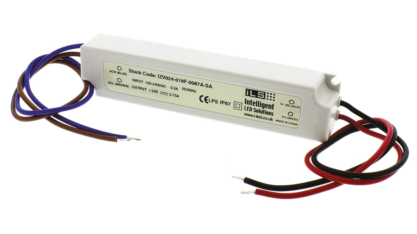 Driver LED tensión constante  ILS, IN: 180 → 264 V, OUT: 24V, 750mA, 18W, IP67