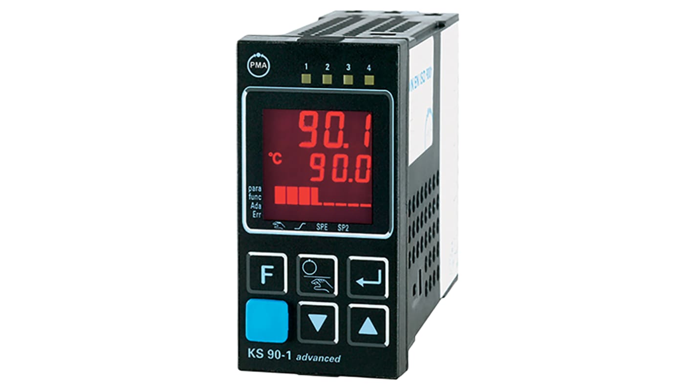 P.M.A KS90 PID Temperature Controller, 96 x 48 (1/8 DIN)mm, 3 Output Relay, 90 → 250 V ac Supply Voltage ON/OFF
