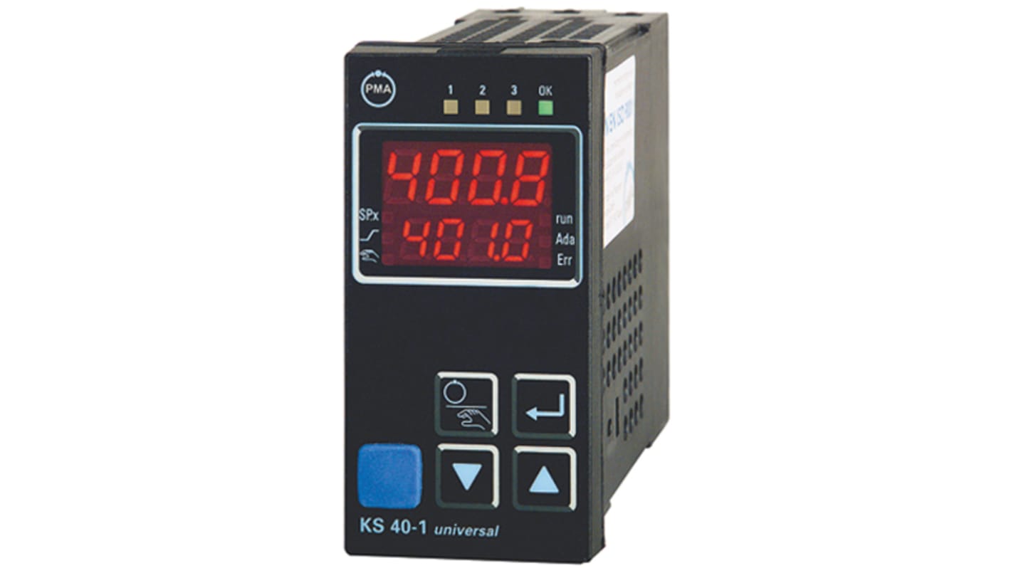 P.M.A KS40 PID Temperature Controller, 96 x 48 (1/8 DIN)mm, 3 Output Relay, 18 → 30 V dc, 24 V ac Supply Voltage