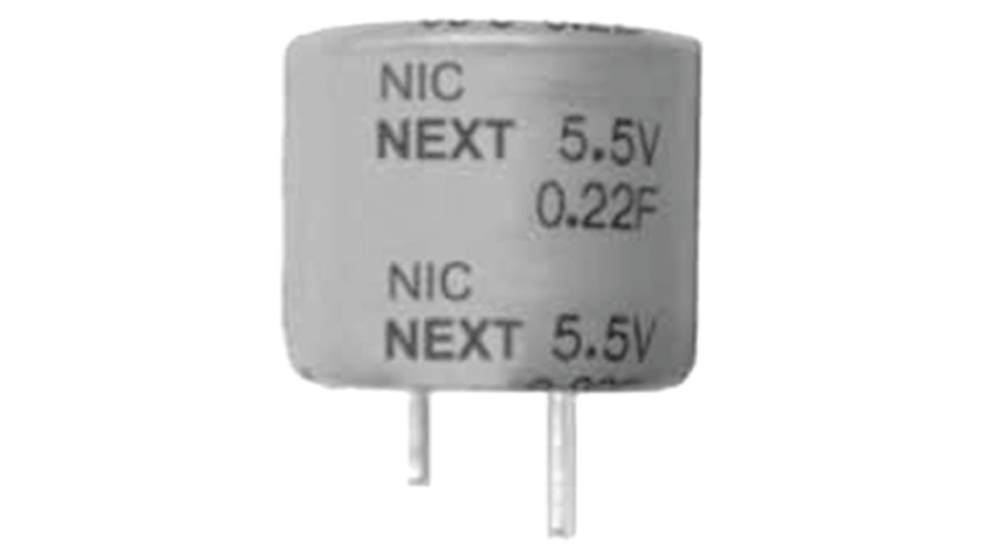 NIC Components 直插超级电容, 0.1F, 5.5V 直流, 最低-40°C, 5.08mm线距, 1000h寿命, -20 → +80%容差, NEXT系列