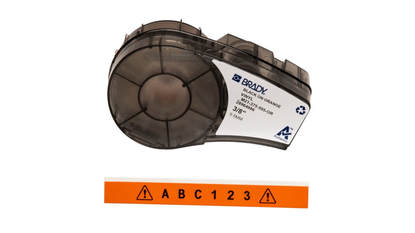 Brady B-595 Black on Black on Orange Label Printer Tape, 6.4 m Length, 9.53 mm Width