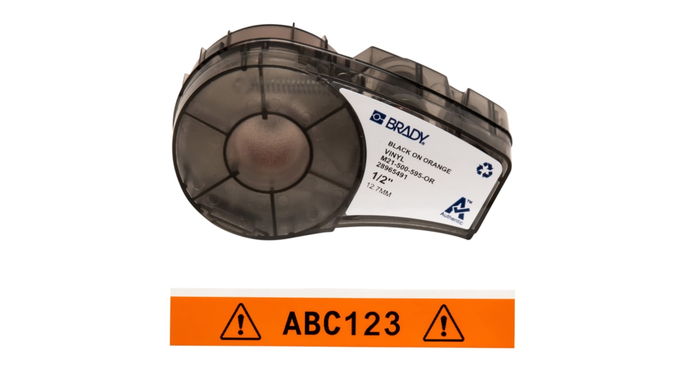 Brady B-595 Black on Black on Orange Label Printer Tape, 6.4 m Length, 12.70 mm Width
