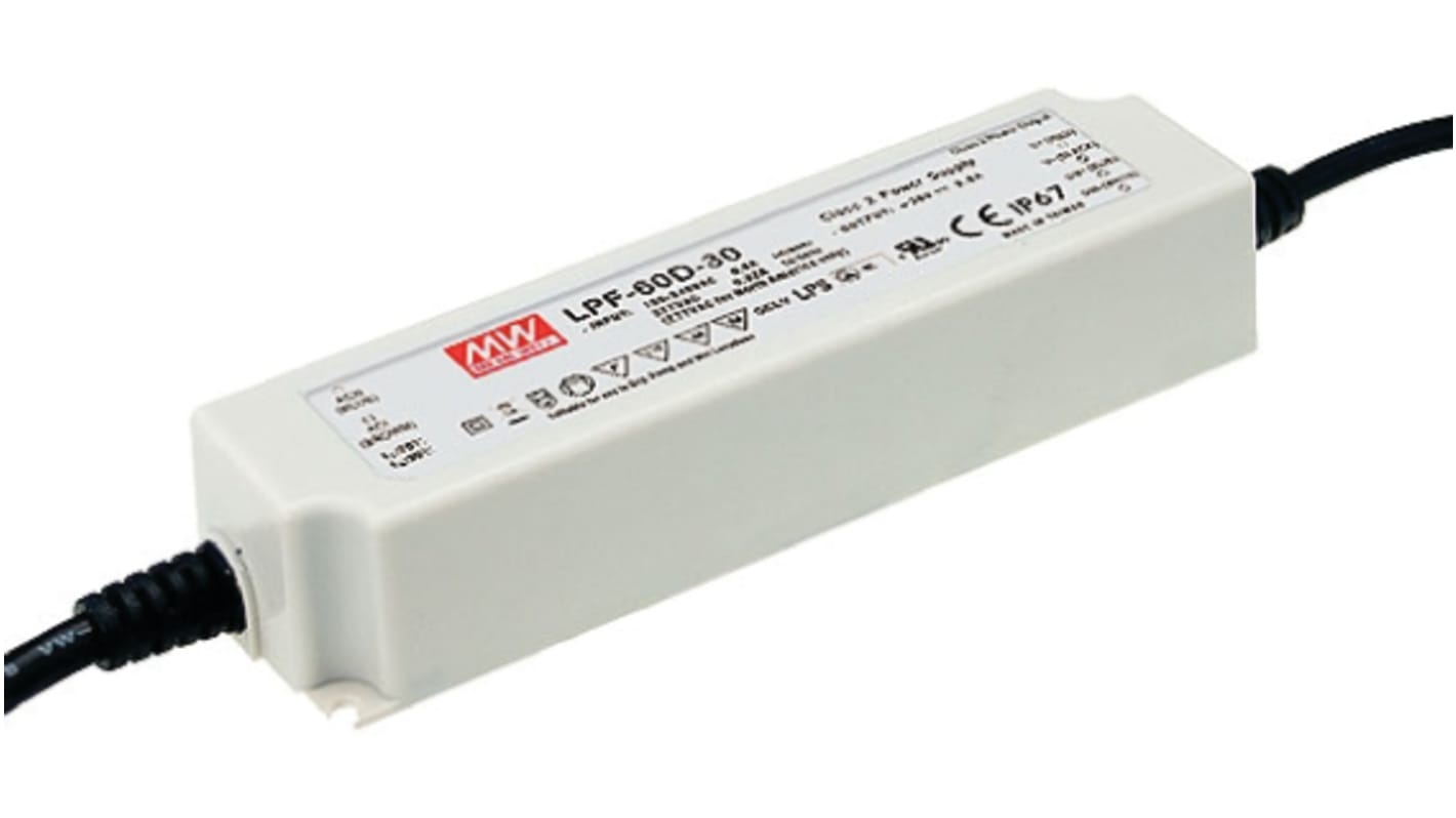 MEAN WELL 60W LED驱动电源, 交流，直流输入, 输出30V 2A, 可调光, IP67