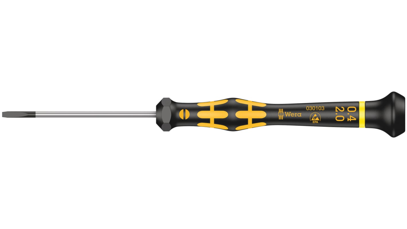 Wera Slotted Precision Screwdriver, 2 x 0.4 mm Tip, 60 mm Blade, 157 mm Overall